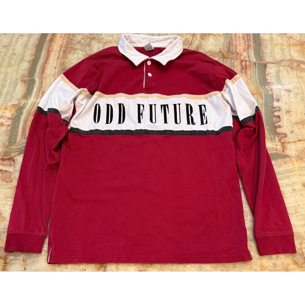 Odd Future Mens Rugby Shirt Red White Colorblock Long Sleeve Collared Size L